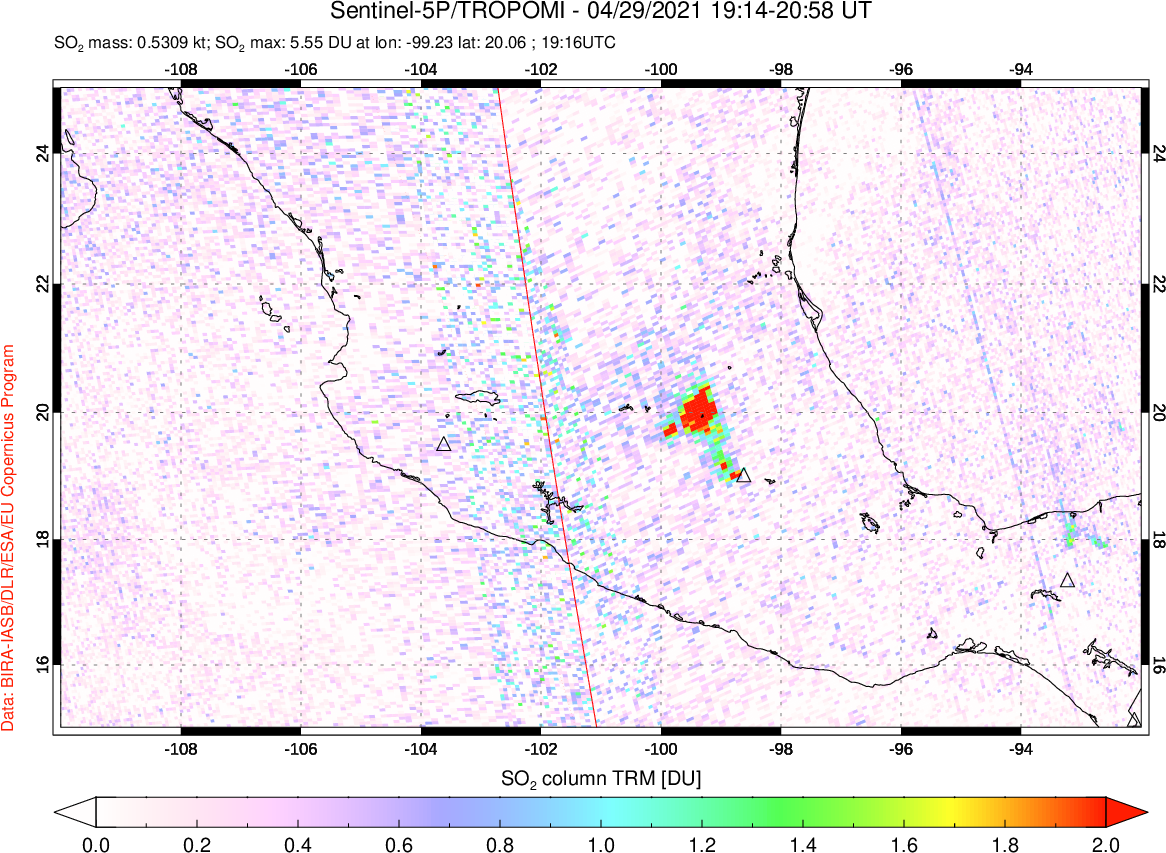A sulfur dioxide image over Mexico on Apr 29, 2021.