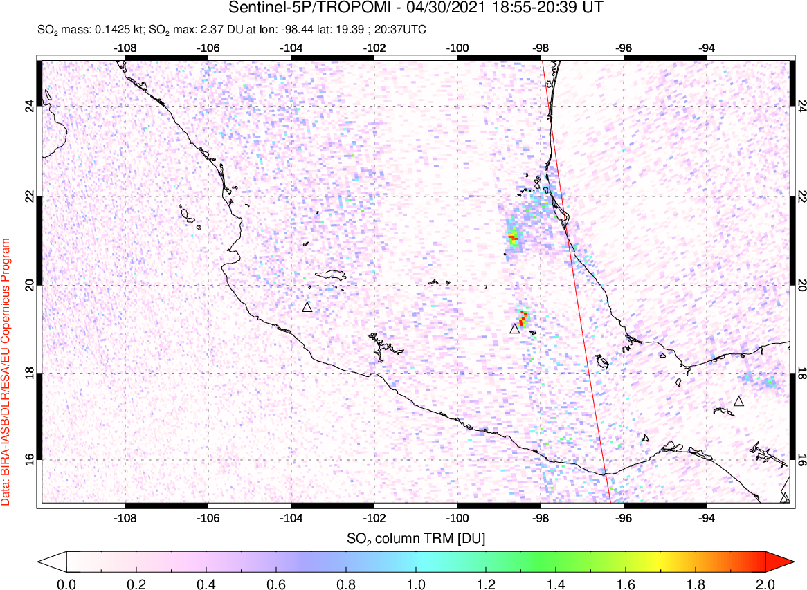 A sulfur dioxide image over Mexico on Apr 30, 2021.