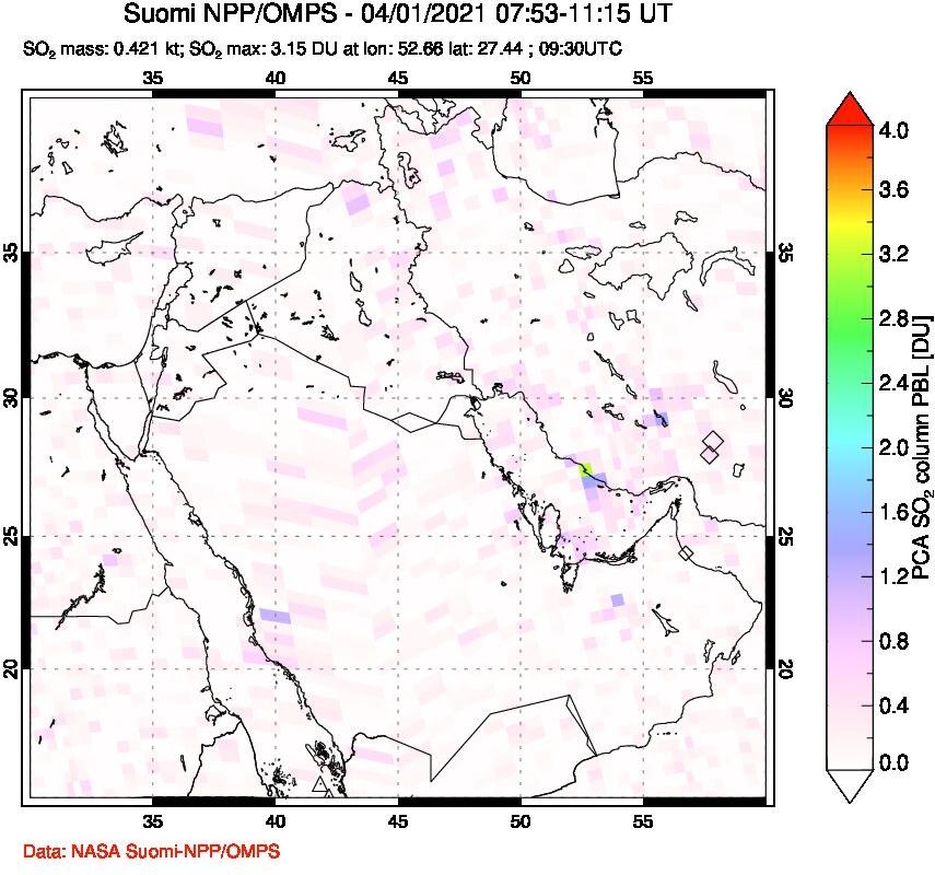 A sulfur dioxide image over Middle East on Apr 01, 2021.