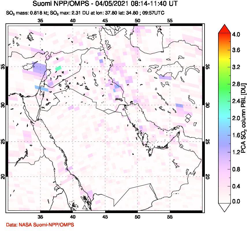 A sulfur dioxide image over Middle East on Apr 05, 2021.