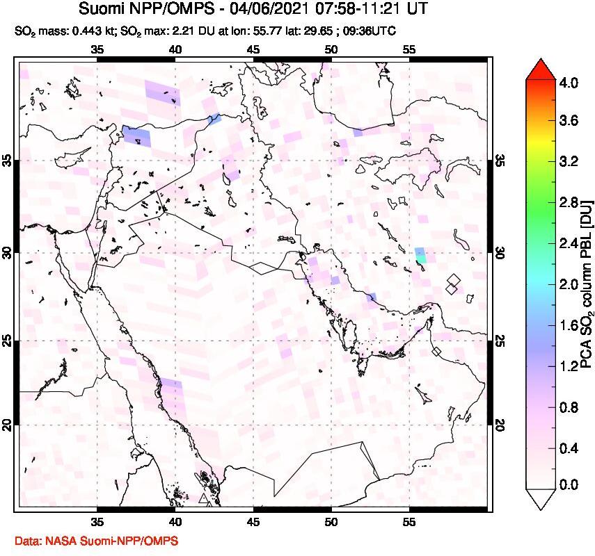 A sulfur dioxide image over Middle East on Apr 06, 2021.