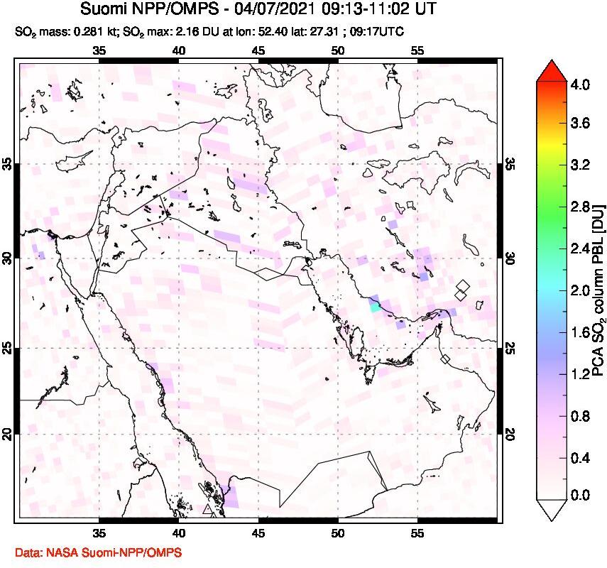 A sulfur dioxide image over Middle East on Apr 07, 2021.