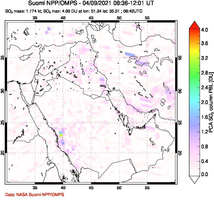 A sulfur dioxide image over Middle East on Apr 09, 2021.