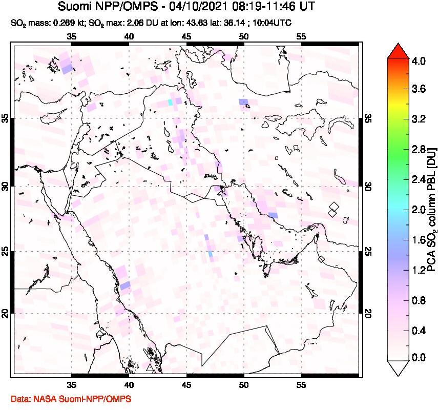 A sulfur dioxide image over Middle East on Apr 10, 2021.