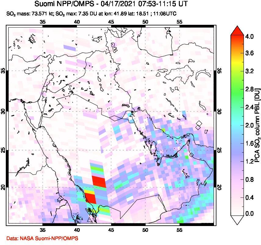 A sulfur dioxide image over Middle East on Apr 17, 2021.