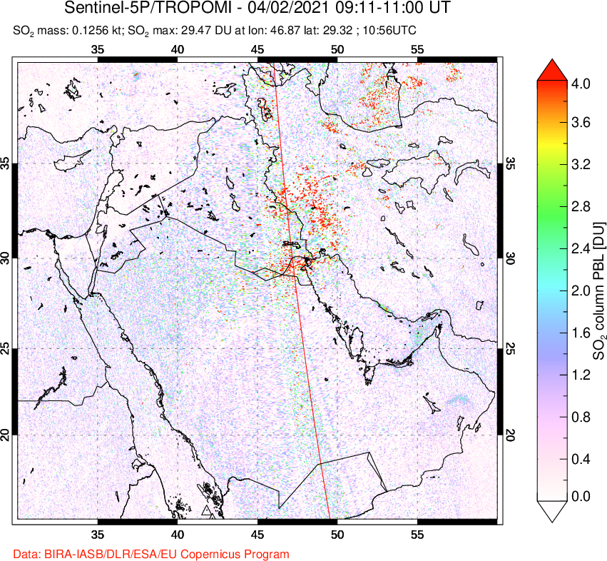 A sulfur dioxide image over Middle East on Apr 02, 2021.