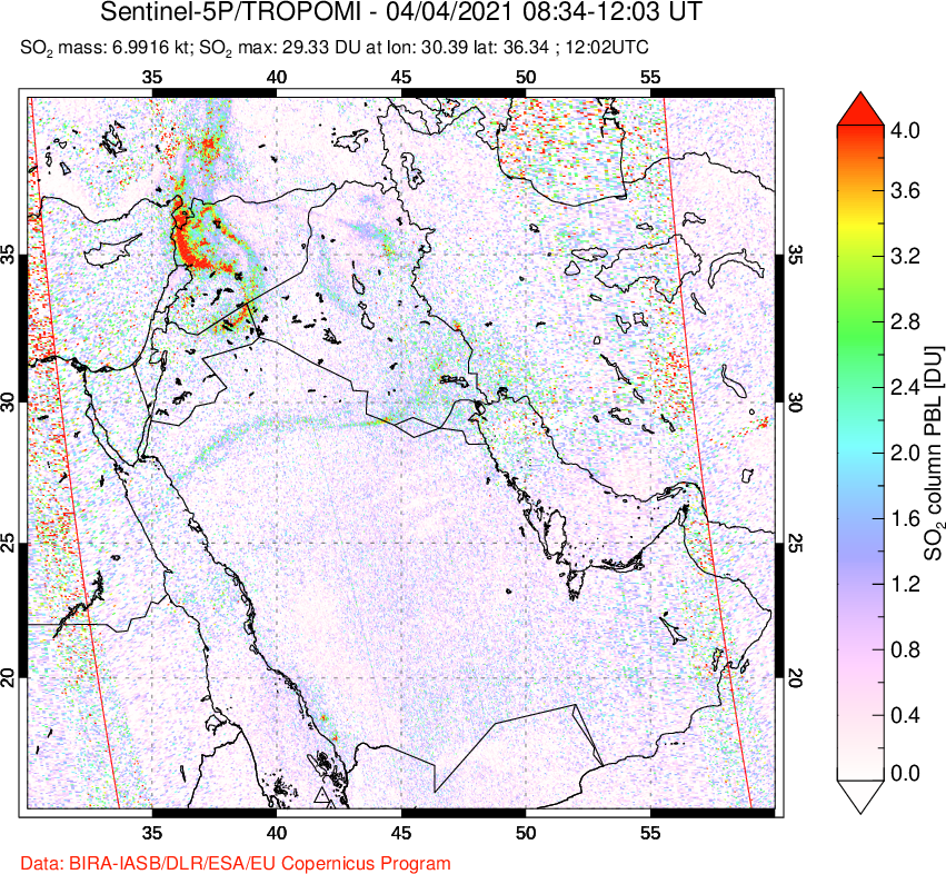 A sulfur dioxide image over Middle East on Apr 04, 2021.