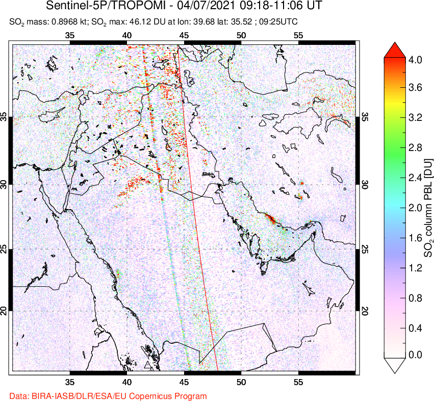 A sulfur dioxide image over Middle East on Apr 07, 2021.