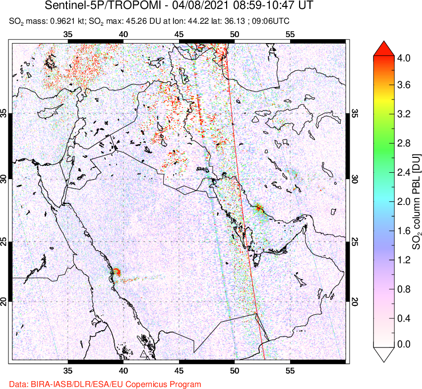 A sulfur dioxide image over Middle East on Apr 08, 2021.