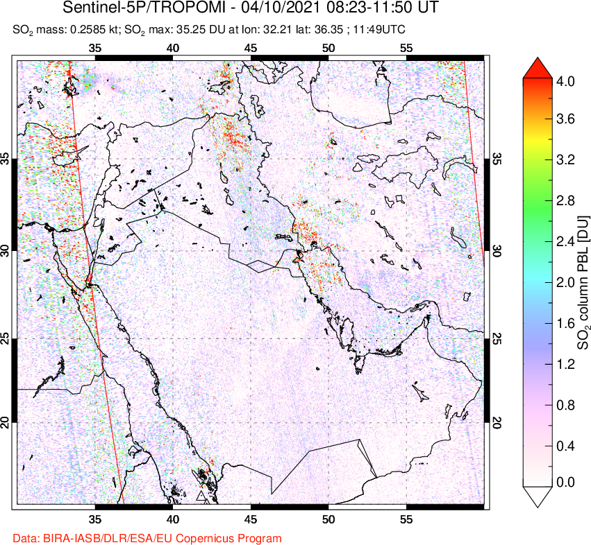 A sulfur dioxide image over Middle East on Apr 10, 2021.