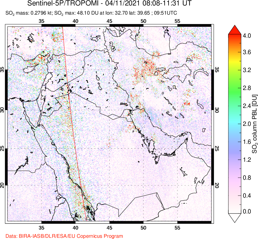 A sulfur dioxide image over Middle East on Apr 11, 2021.