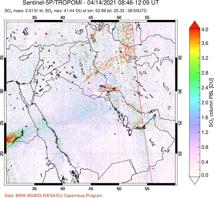 A sulfur dioxide image over Middle East on Apr 14, 2021.