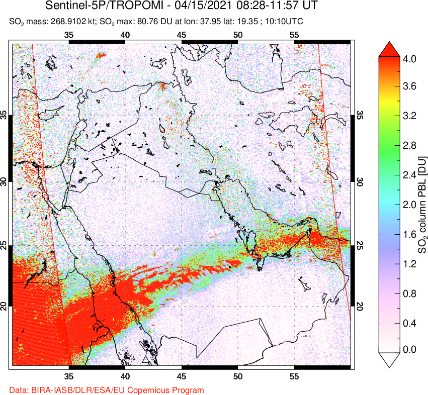 A sulfur dioxide image over Middle East on Apr 15, 2021.