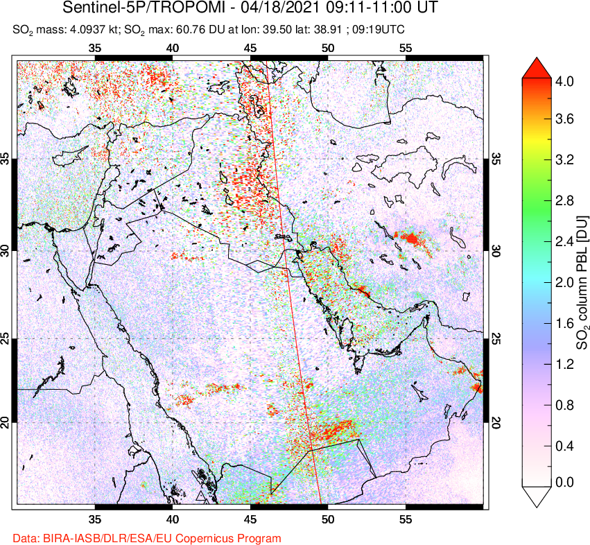 A sulfur dioxide image over Middle East on Apr 18, 2021.
