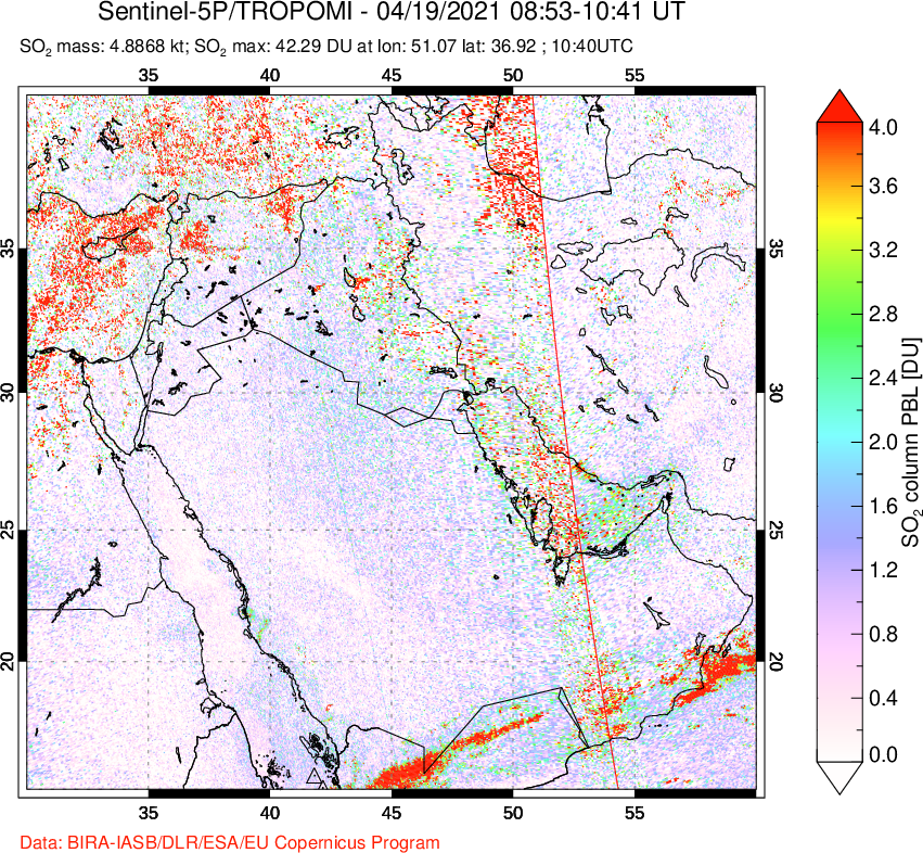 A sulfur dioxide image over Middle East on Apr 19, 2021.
