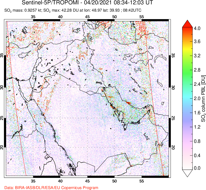 A sulfur dioxide image over Middle East on Apr 20, 2021.