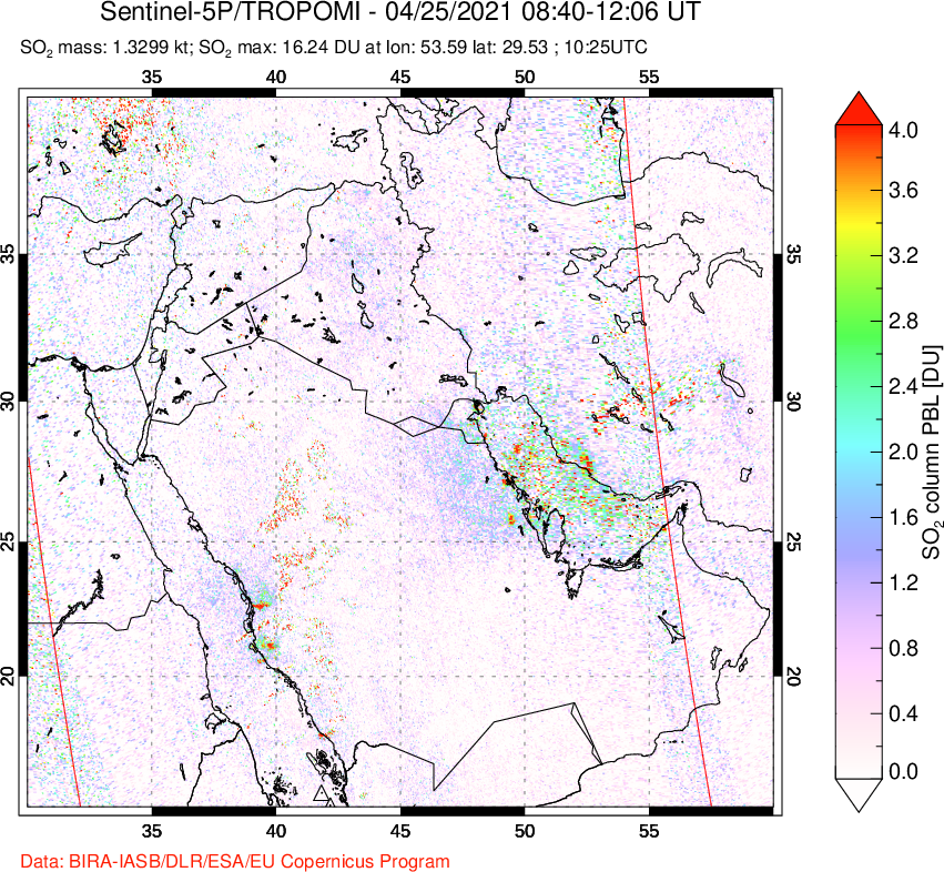 A sulfur dioxide image over Middle East on Apr 25, 2021.