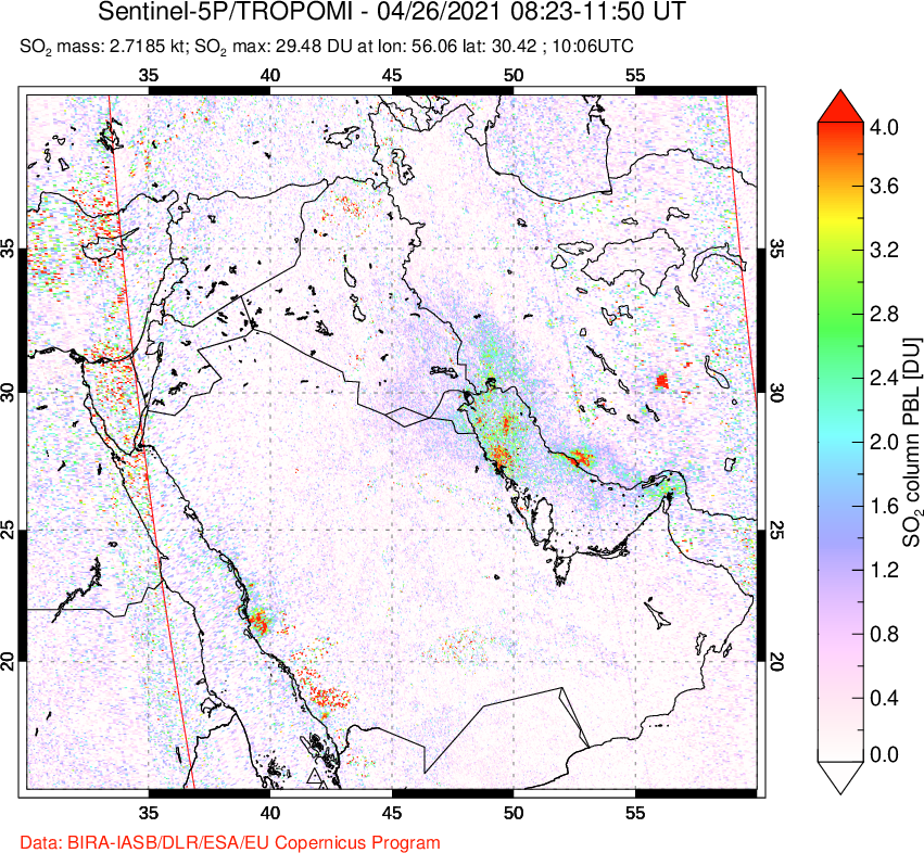 A sulfur dioxide image over Middle East on Apr 26, 2021.