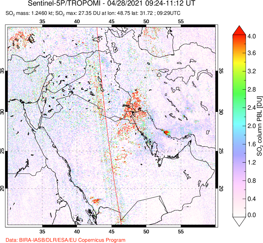 A sulfur dioxide image over Middle East on Apr 28, 2021.