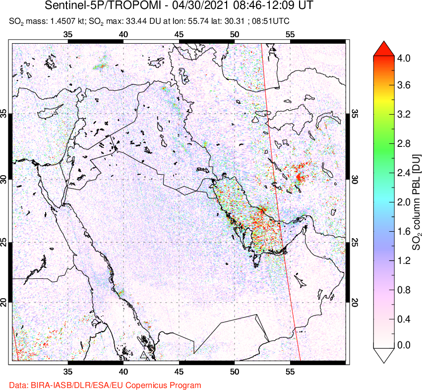 A sulfur dioxide image over Middle East on Apr 30, 2021.