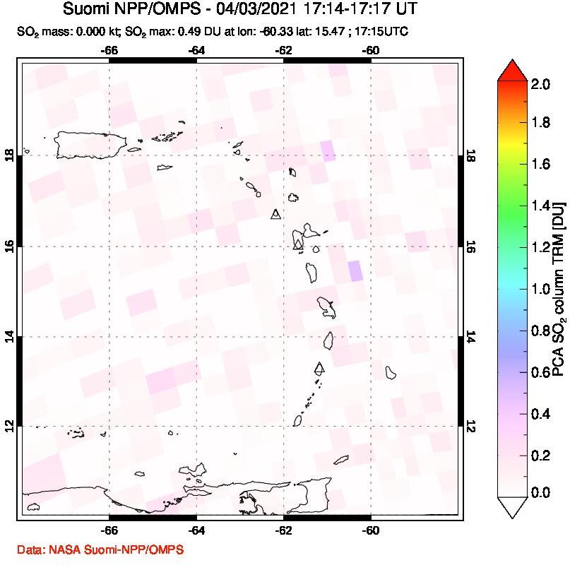 A sulfur dioxide image over Montserrat, West Indies on Apr 03, 2021.