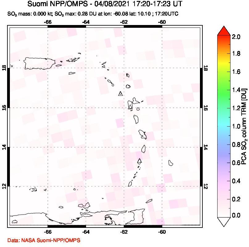 A sulfur dioxide image over Montserrat, West Indies on Apr 08, 2021.