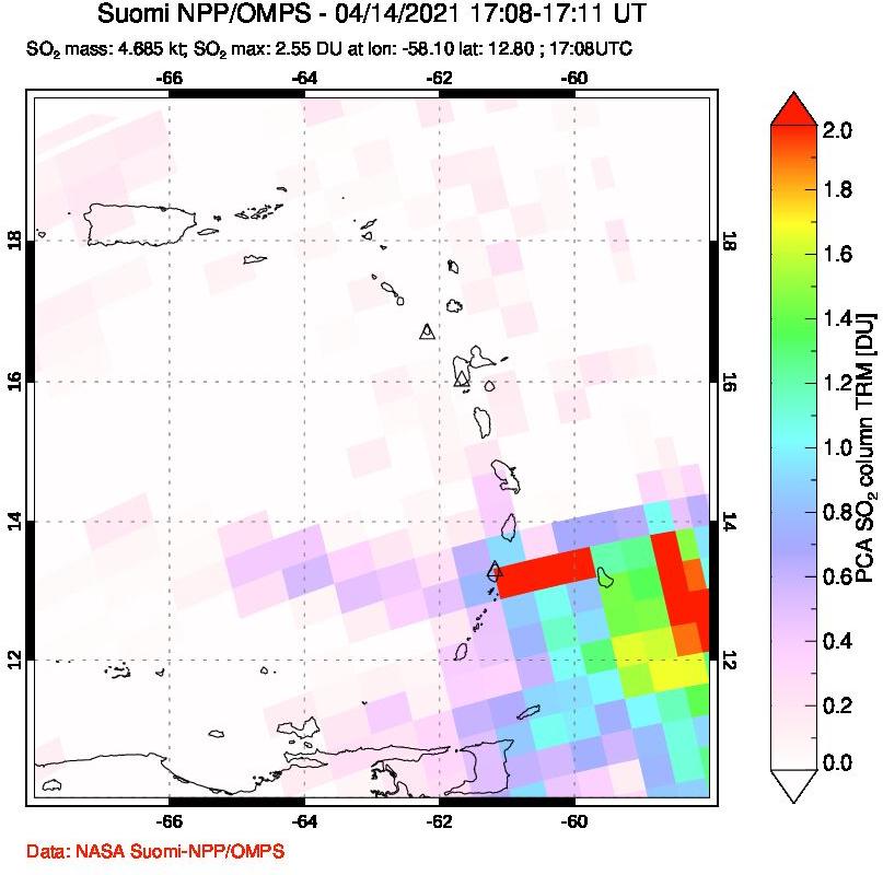 A sulfur dioxide image over Montserrat, West Indies on Apr 14, 2021.