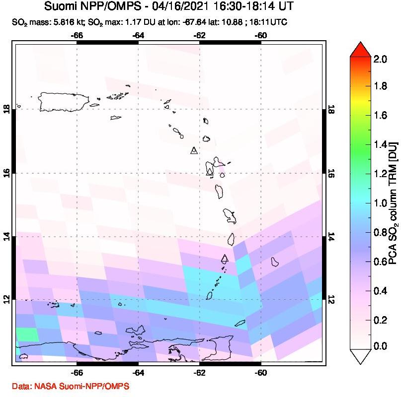 A sulfur dioxide image over Montserrat, West Indies on Apr 16, 2021.