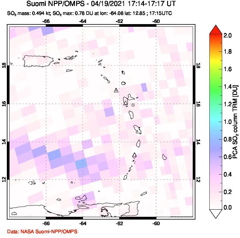 A sulfur dioxide image over Montserrat, West Indies on Apr 19, 2021.