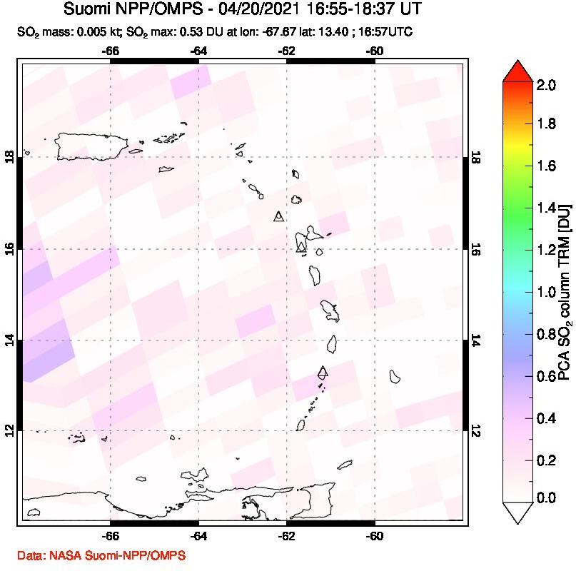 A sulfur dioxide image over Montserrat, West Indies on Apr 20, 2021.