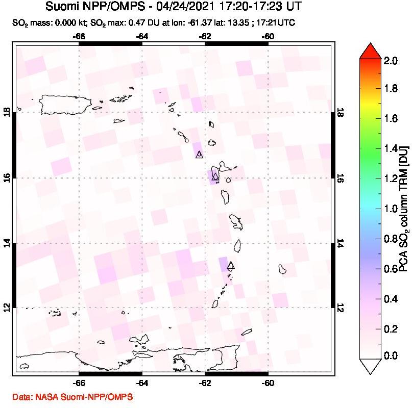 A sulfur dioxide image over Montserrat, West Indies on Apr 24, 2021.
