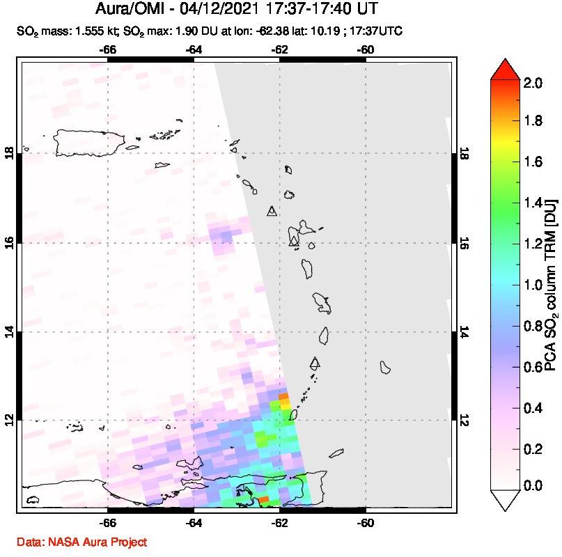 A sulfur dioxide image over Montserrat, West Indies on Apr 12, 2021.