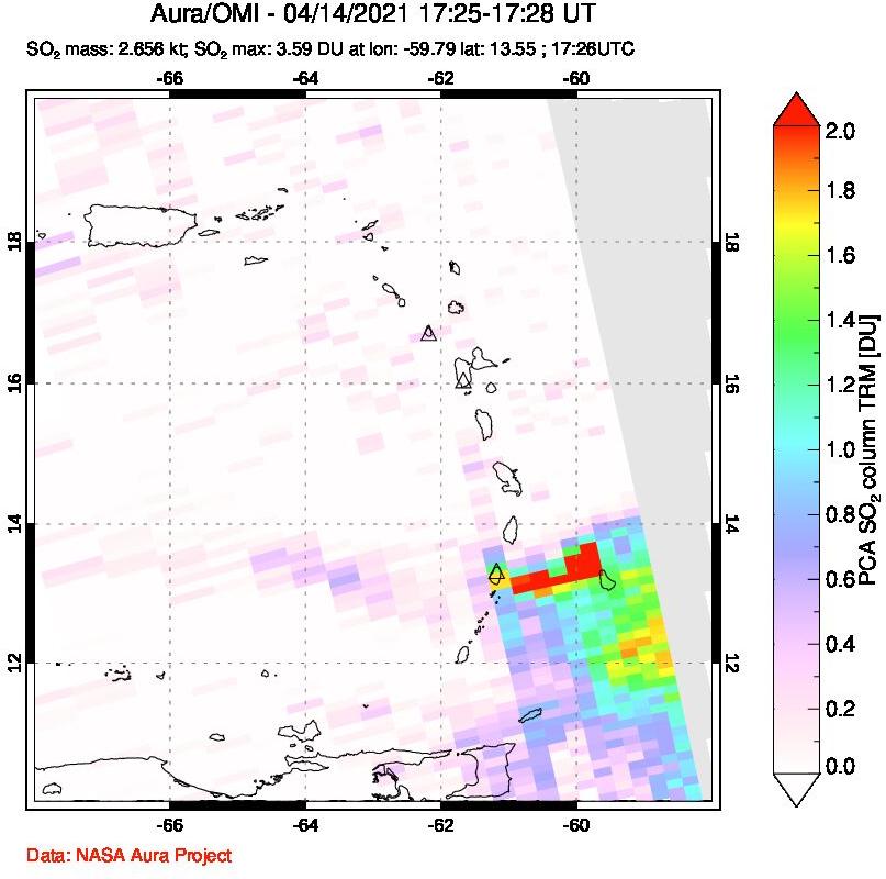 A sulfur dioxide image over Montserrat, West Indies on Apr 14, 2021.