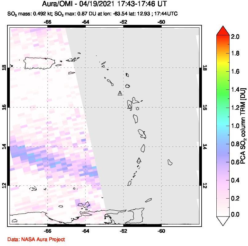 A sulfur dioxide image over Montserrat, West Indies on Apr 19, 2021.