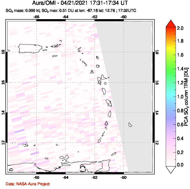 A sulfur dioxide image over Montserrat, West Indies on Apr 21, 2021.
