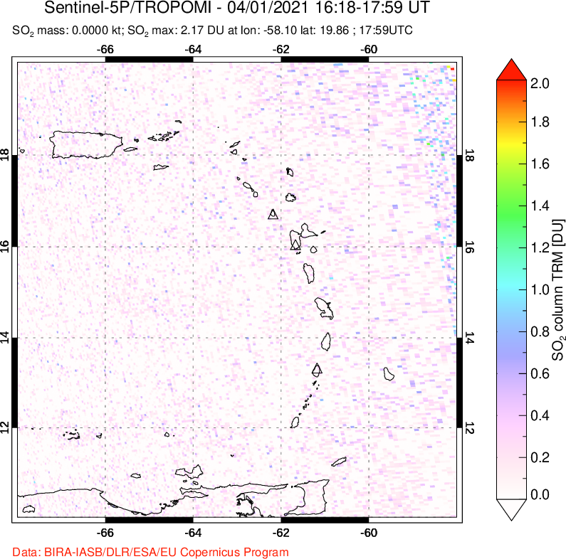 A sulfur dioxide image over Montserrat, West Indies on Apr 01, 2021.