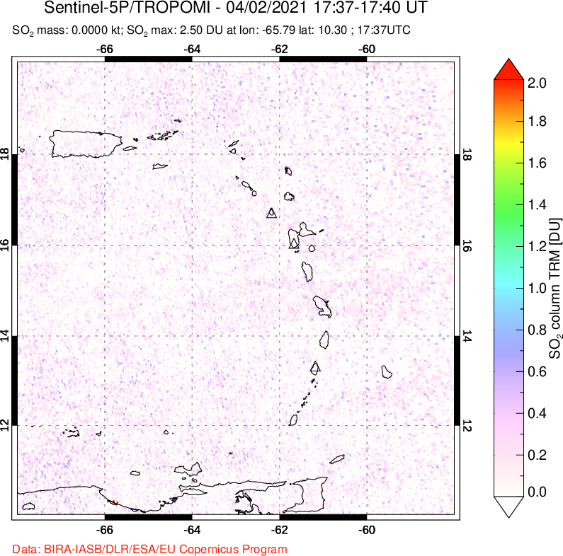A sulfur dioxide image over Montserrat, West Indies on Apr 02, 2021.