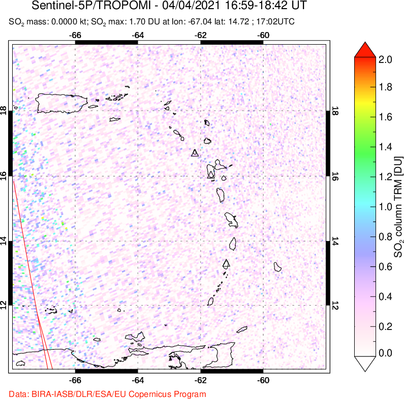 A sulfur dioxide image over Montserrat, West Indies on Apr 04, 2021.
