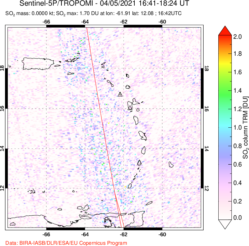 A sulfur dioxide image over Montserrat, West Indies on Apr 05, 2021.