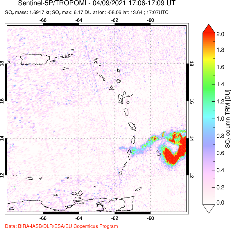 A sulfur dioxide image over Montserrat, West Indies on Apr 09, 2021.