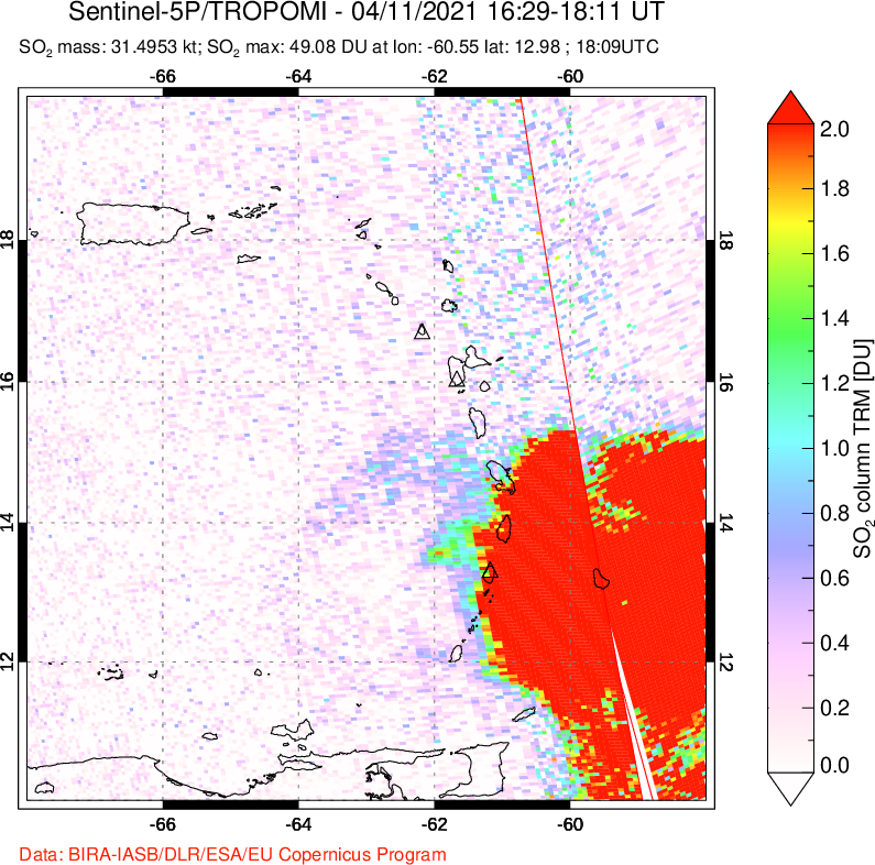 A sulfur dioxide image over Montserrat, West Indies on Apr 11, 2021.