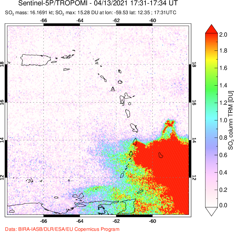 A sulfur dioxide image over Montserrat, West Indies on Apr 13, 2021.