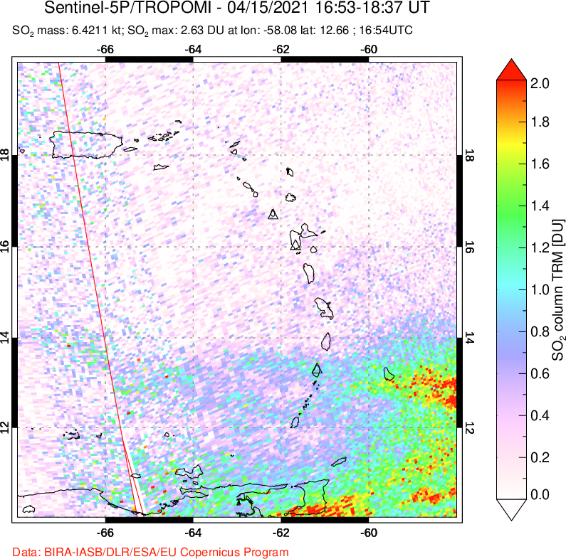 A sulfur dioxide image over Montserrat, West Indies on Apr 15, 2021.