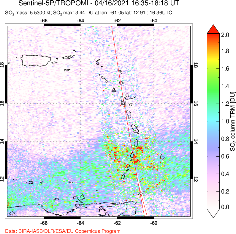 A sulfur dioxide image over Montserrat, West Indies on Apr 16, 2021.