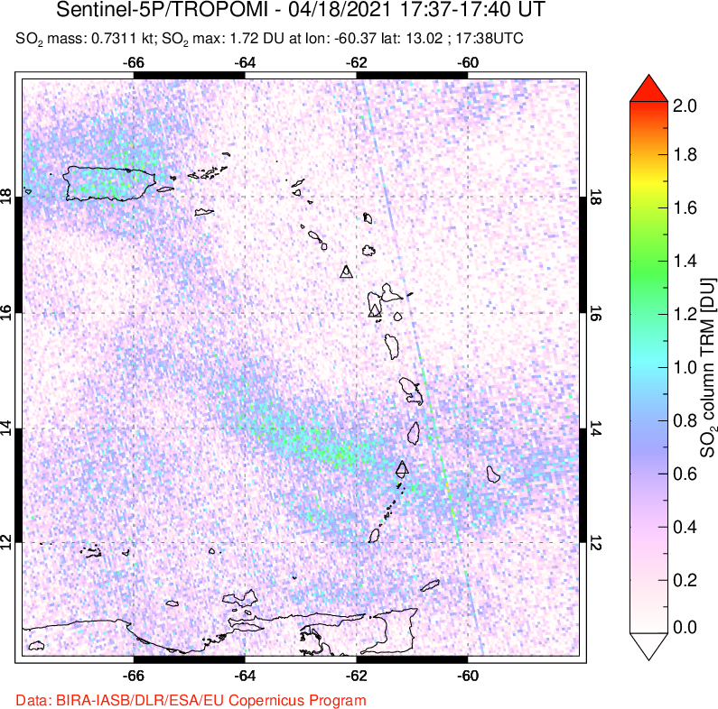 A sulfur dioxide image over Montserrat, West Indies on Apr 18, 2021.