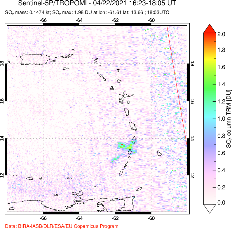 A sulfur dioxide image over Montserrat, West Indies on Apr 22, 2021.