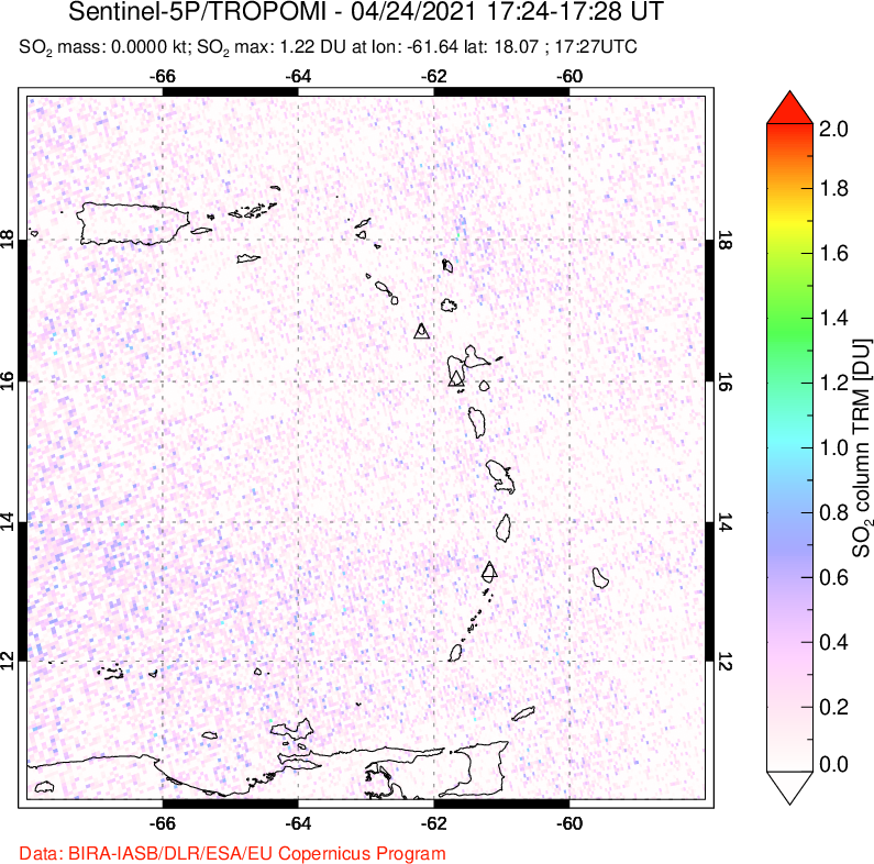 A sulfur dioxide image over Montserrat, West Indies on Apr 24, 2021.
