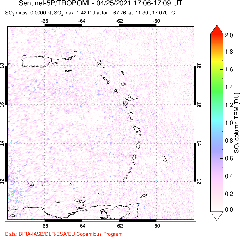 A sulfur dioxide image over Montserrat, West Indies on Apr 25, 2021.