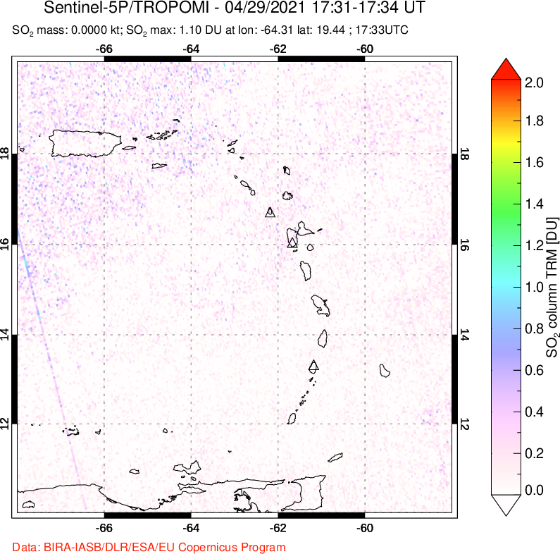 A sulfur dioxide image over Montserrat, West Indies on Apr 29, 2021.