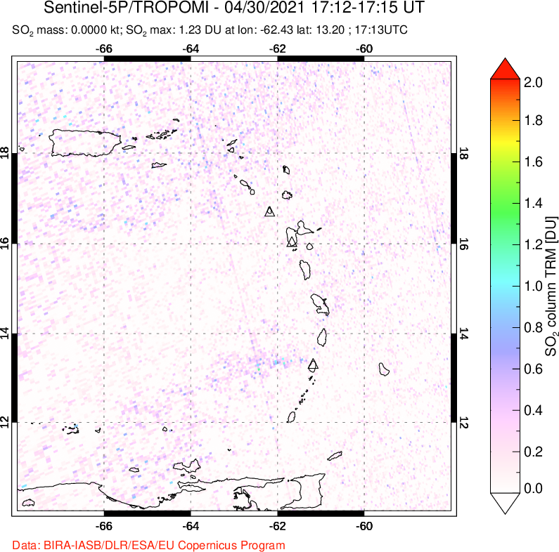 A sulfur dioxide image over Montserrat, West Indies on Apr 30, 2021.